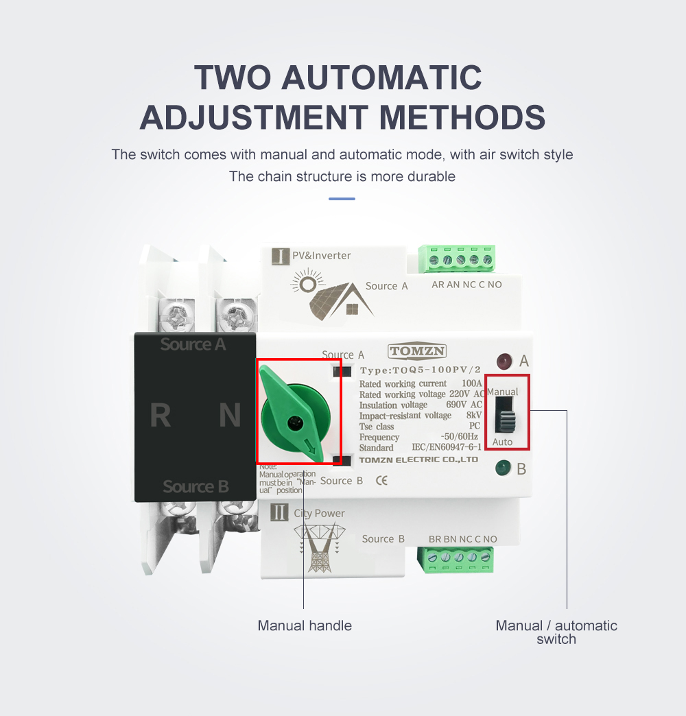 Single Phase Din Rail ATS for PV and Inverter Dual Power Automatic Transfer Selector Switches Uninterrupted 2P 63A 100A 125A