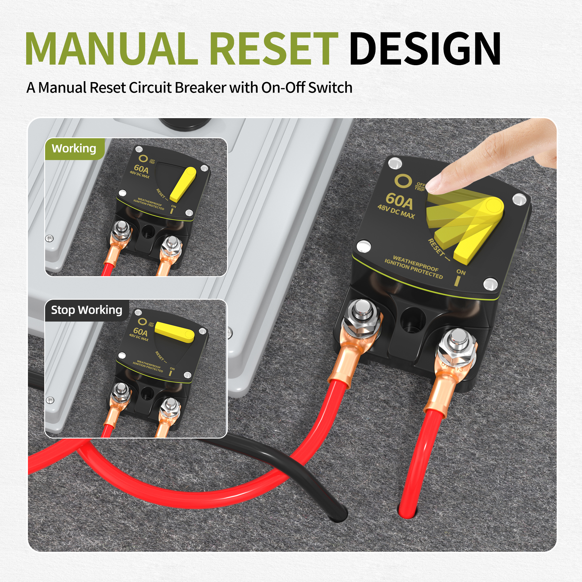 60A DC Circuit Breakers With Manual Reset Features M8 Stud Marine-Rated Designed Motor Circuit Breaker for 12V-48V Systems