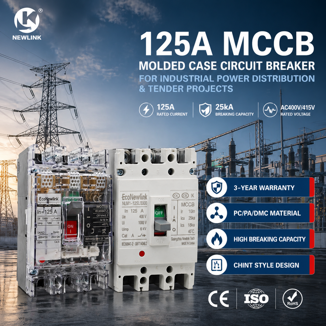 GRS Certified Sustainable Material MCCB 3P 630A Icu 50kA AC400V Power LV Distribution Breaker For European Panel &amp; Grid Systems