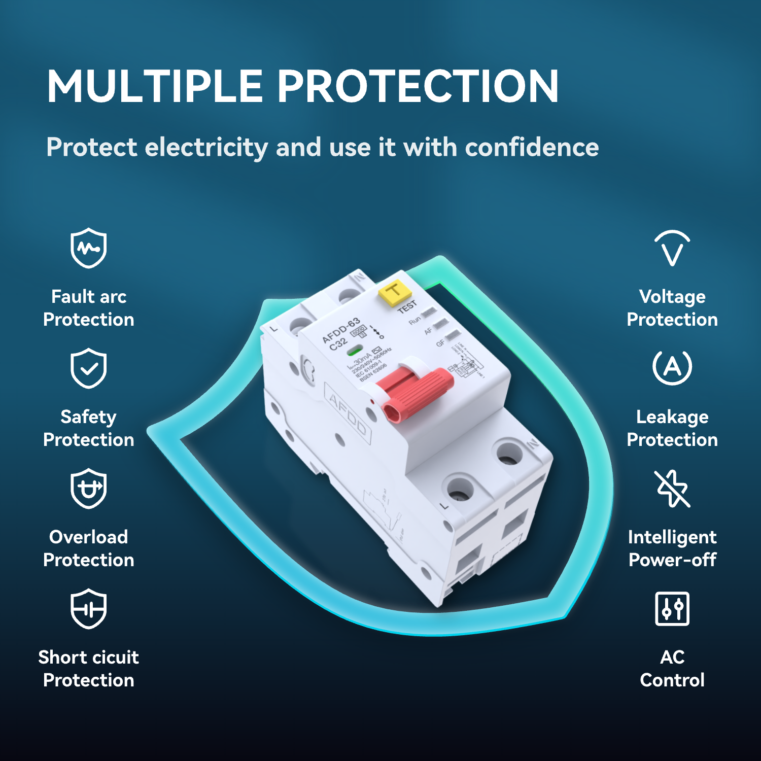New Design 32A/40A/63A AFDD 2P 63A RCBO 16 Amp Circuit Breaker Mcb Arc Fault Detection Devices
