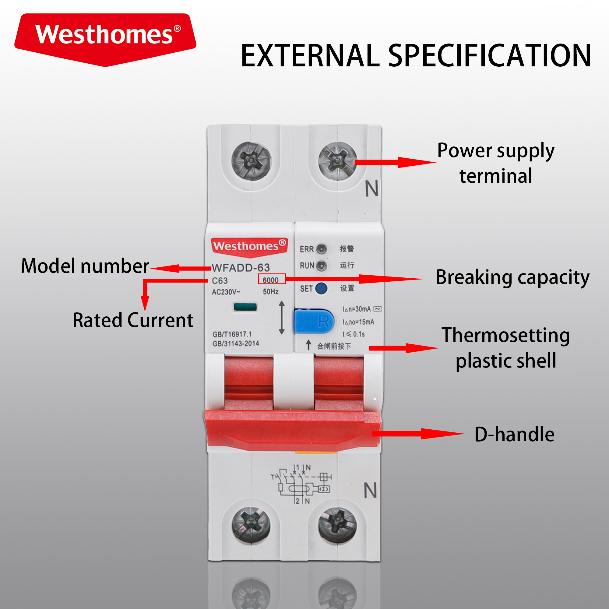 WAFDD-63 1P+N AFDD Arc Fault Detection Device C63 RCBO Residual Current Circuit Breaker Overcurrent Arc Protection MCB