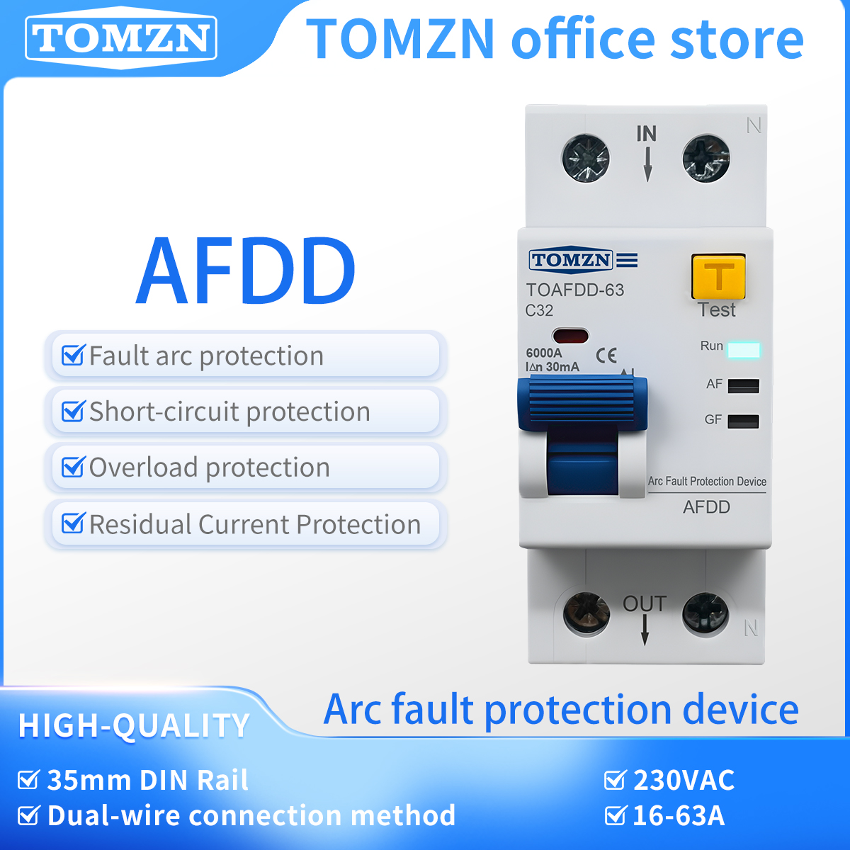 TOMZN AFDD Arc Fault Detection Device RCBO Circuit Breaker 2P Residual Current Leakage Protect Short-circuit Overload Protection