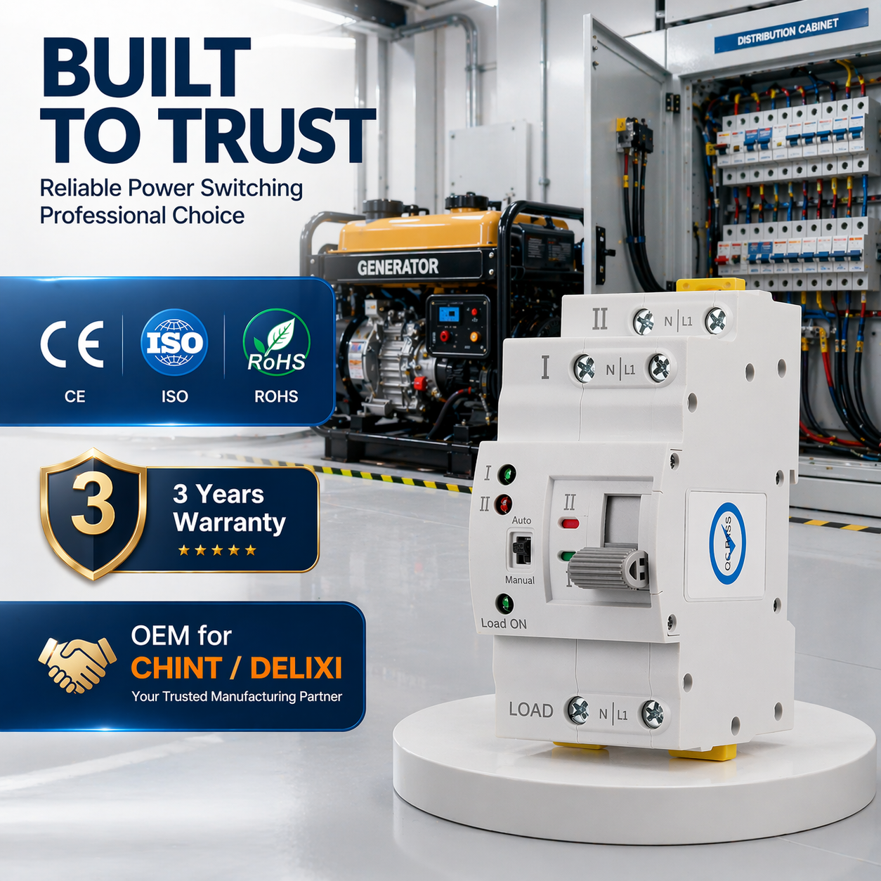 Industrial Automatic PC Transfer Switch 2P 63A 230V Single Phase 5kA Breaking Capacity Dual Power Changeover Switch