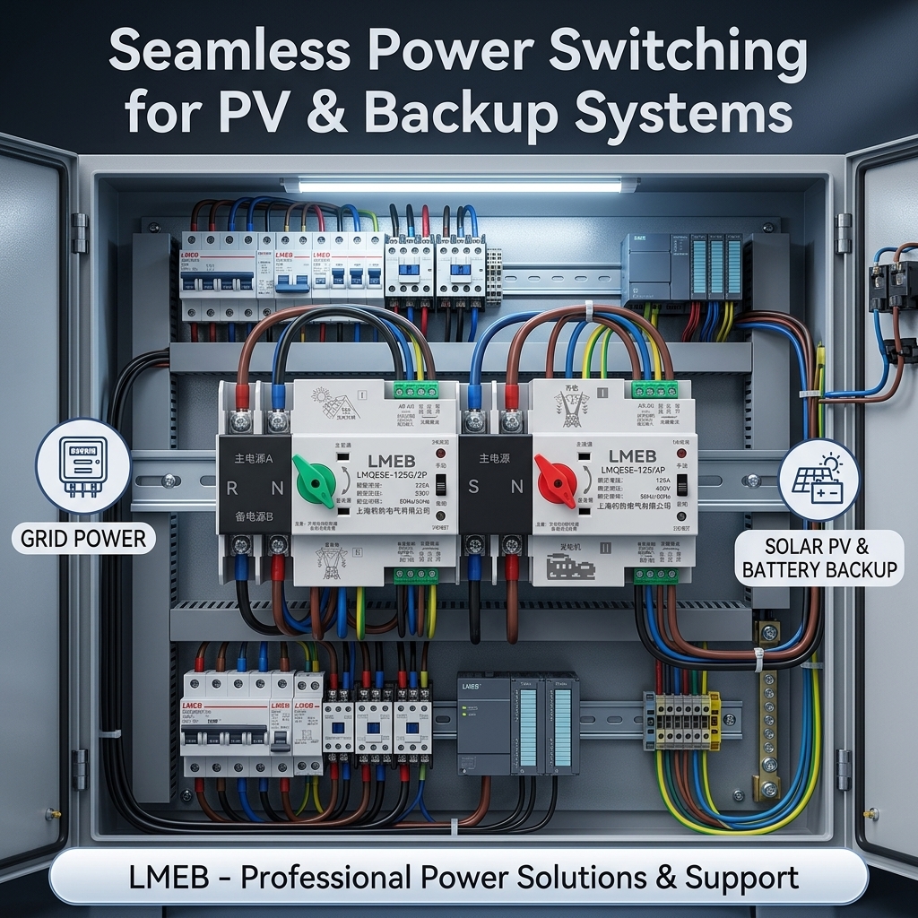 [CE Certified] 63A 100A Photovoltaic Dual Power Automatic Transfer Switch ATS Controller 380V Din Rail Mount Changeover Switch