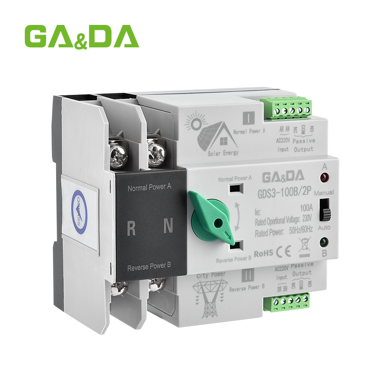Dual Power Changeover Generator Automatic Transfer Switch Single Phase 2P 63A 100A PC Type for Solar Applications