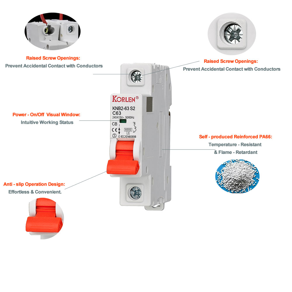 KORLEN C32 6KA 2P 32A DC Industrial Use 1000V Rated Voltage 500V DIN Rail PA66 IEC Certified Miniature Circuit Breaker