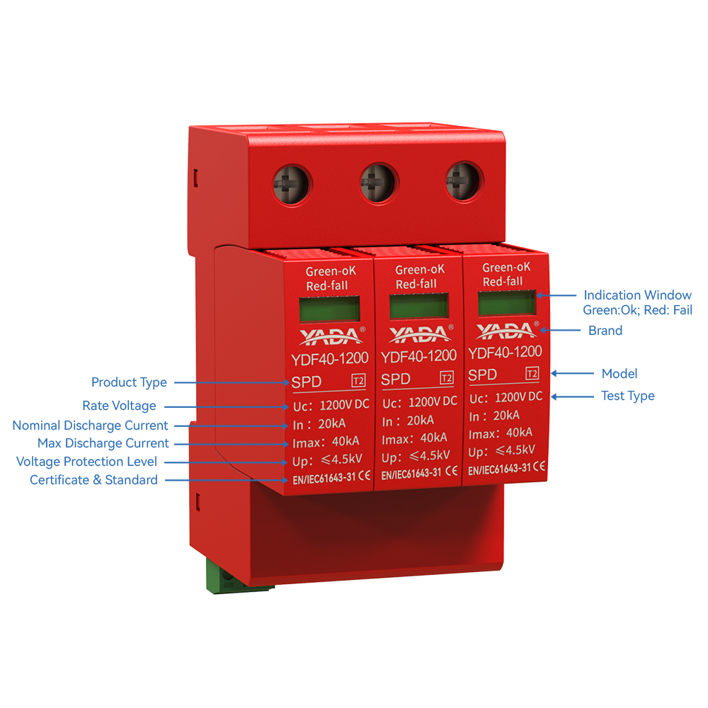 YADA SPD 1000V 1200V DC 25ns 4.5kV 3P T2 IP20 20kA-40kA Surge Protector SPD for Solar System Lightning Protection