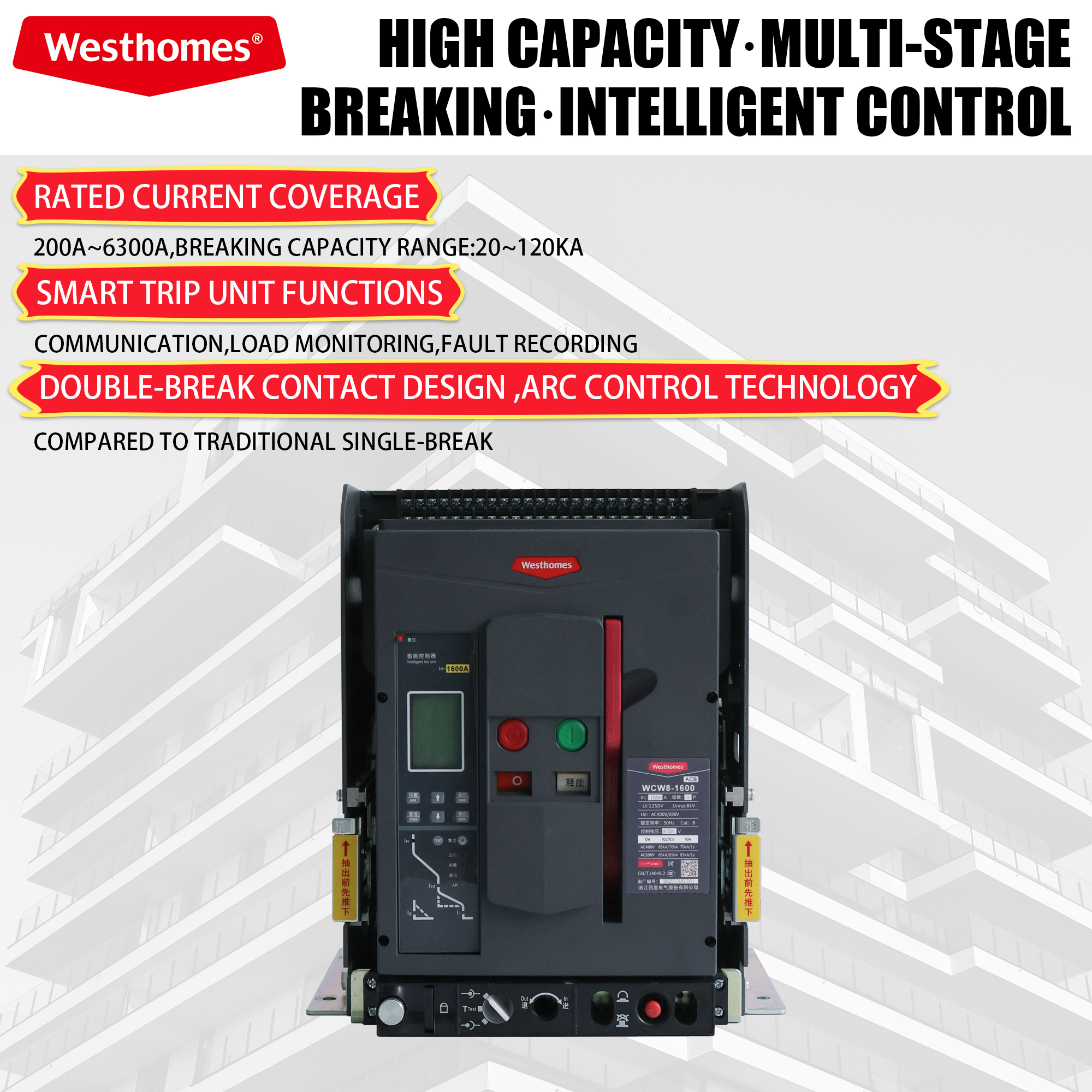 Westhomes WCW1-1600 4P Intelligent Universal Type ACB Air Circuit Breakers 400V/690V 1600A LSI Protection 85kA/70kA 50Hz