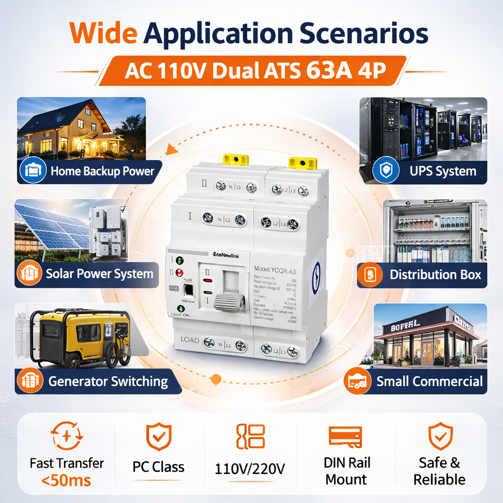 Industrial Automatic PC Transfer Switch 2P 63A 230V Single Phase 5kA Breaking Capacity Dual Power Changeover Switch