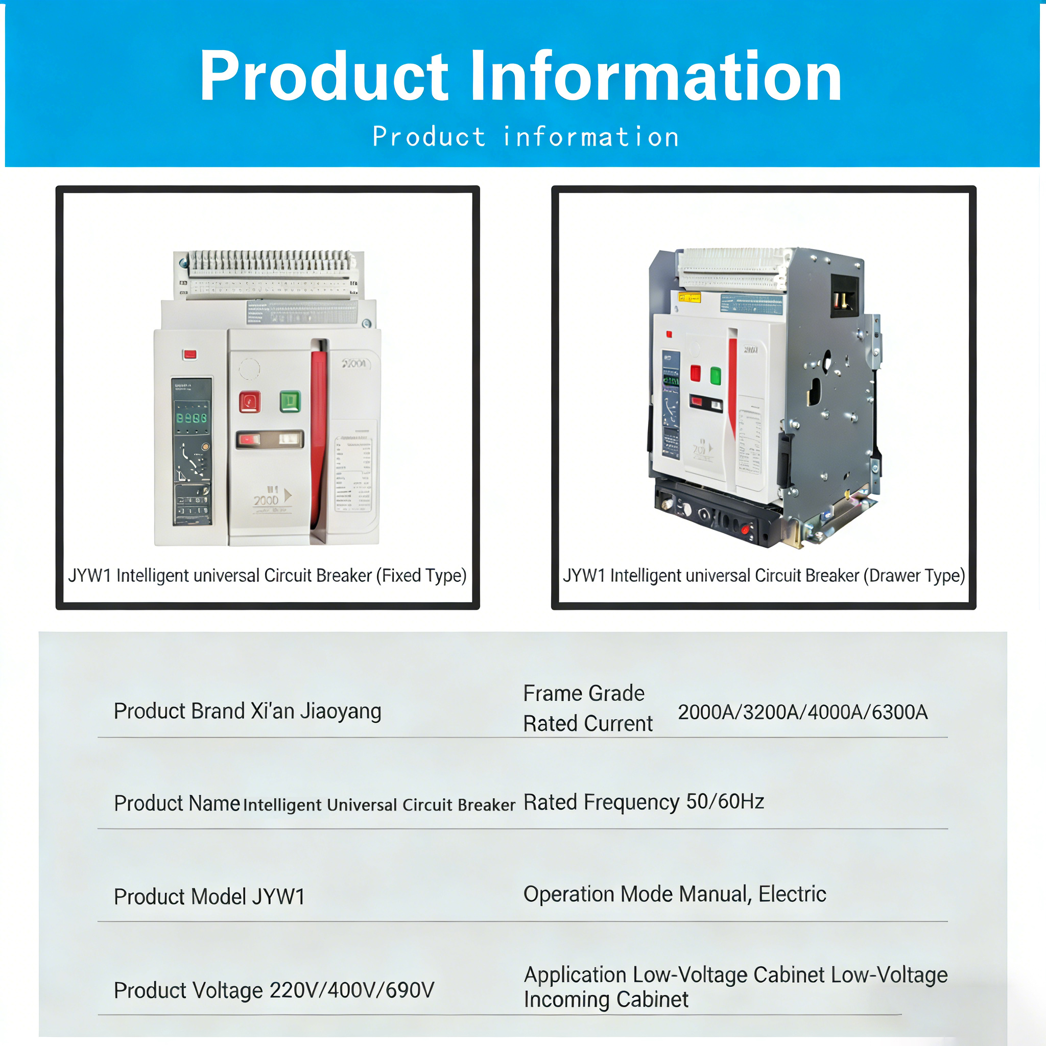 JYW1-4000 3P Durable Low Voltage Fixed Type ACB Air Circuit Breaker
