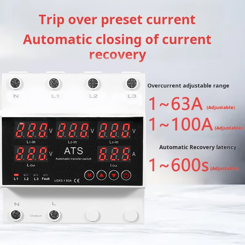 ATS Dual Power Automatic Transfer Switch Three-way 5-display 63A80A100A Over/undervoltage Protector Single Phase Current