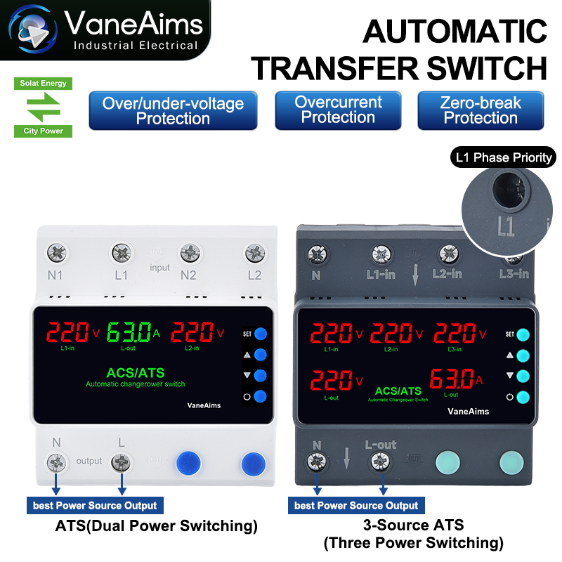 ATS/ACS Dual Power Transfer Protector Three-Power Transfer Switch LED Digital Display FXB-ATS 63A/80A/100A 220V ODM