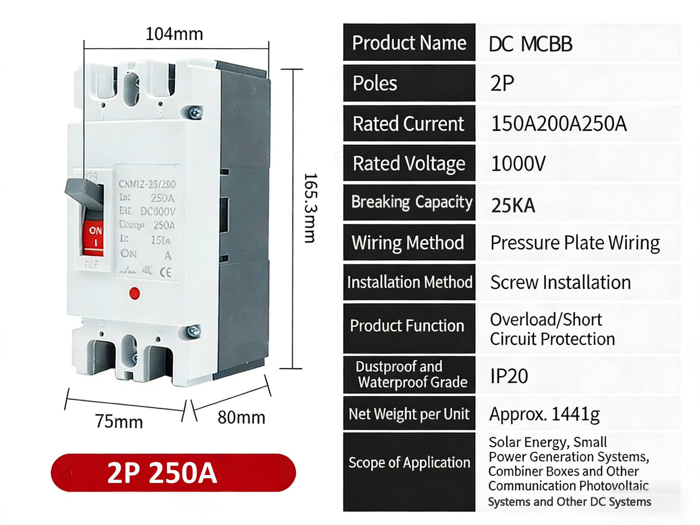 DC MCCB 16A-250A 2P/3P 500V-1500V Molded Case Circuit Breaker for Battery Module Energy Storage CE Factory Direct Wholesale