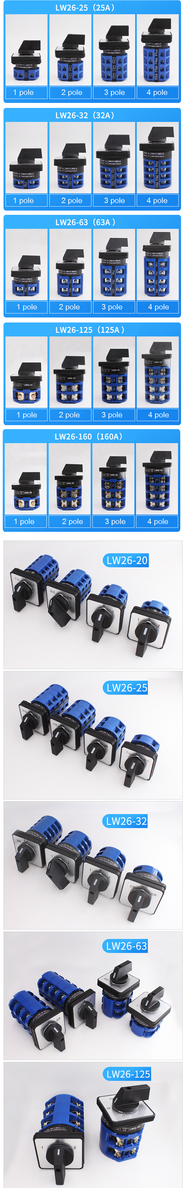 LW26-20 Universal Changeover Transfer Switch 63A 40A 25A Multi-Position Rotary Combination Selection Switches