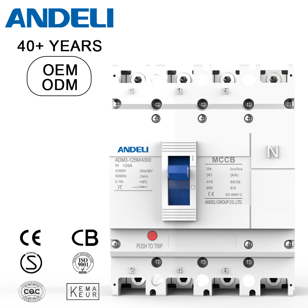 ANDELI ADM3-125M-4300 125A 35kA Breaking Capacity Molded Case Circuit Breaker 4P MCCB 50/60Hz 400/690V 8kV Class Programmable