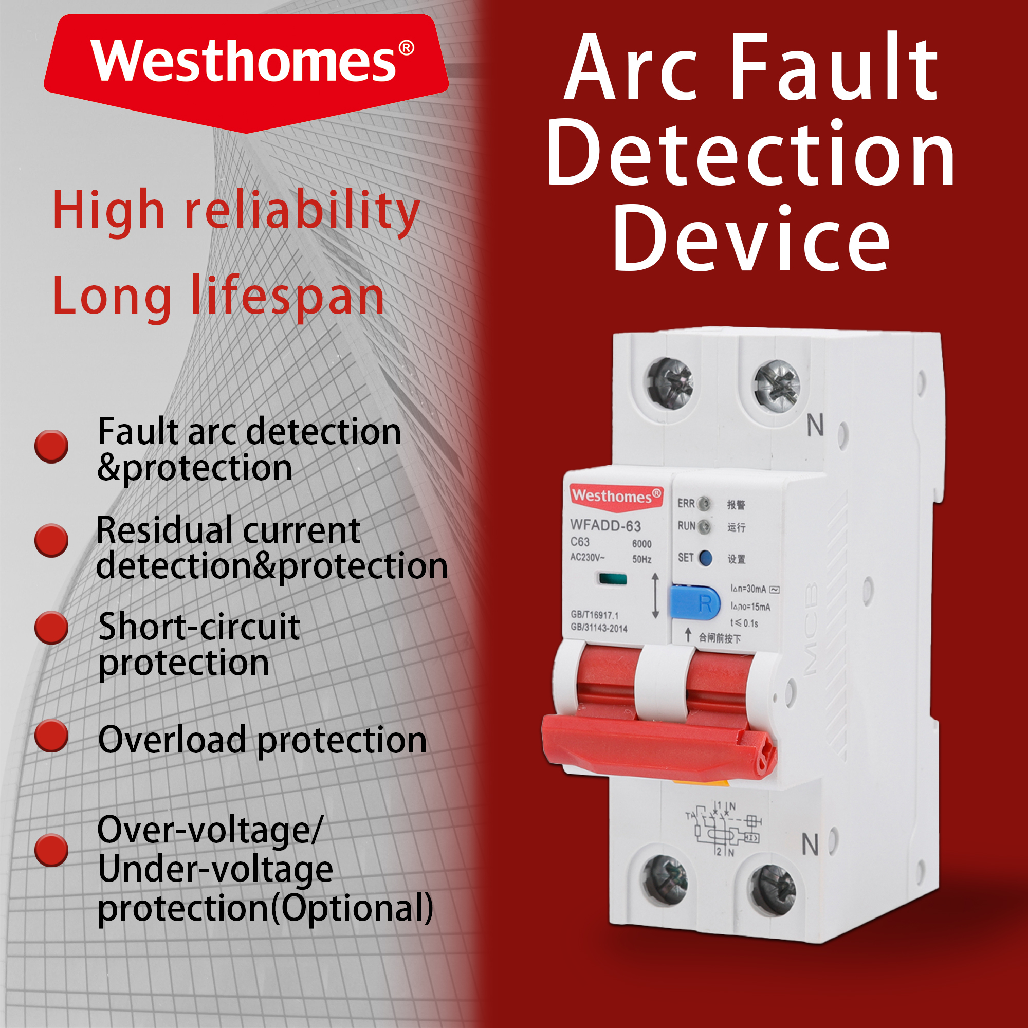 WAFDD-63 1P+N AFDD Arc Fault Detection Device C63 RCBO Residual Current Circuit Breaker Overcurrent Arc Protection MCB