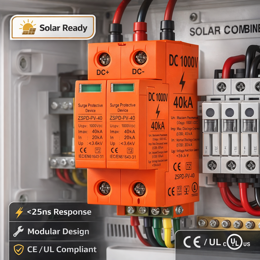 1000V DC SPD 2 Pole Solar PV Surge Protective Device 40kA DIN Rail Mount For Photovoltaic System Lightning Protection