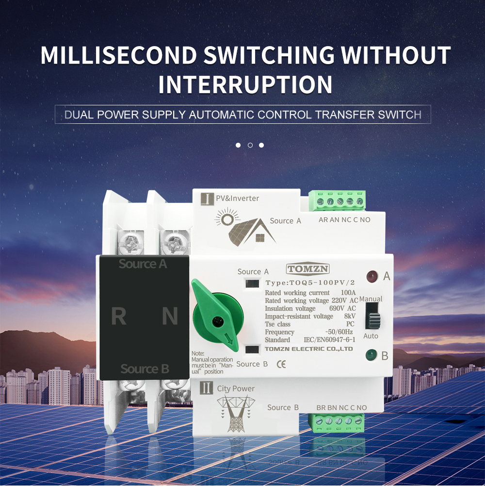 Single Phase Din Rail ATS for PV and Inverter Dual Power Automatic Transfer Selector Switches Uninterrupted 2P 63A 100A 125A