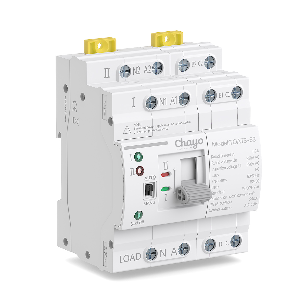 Chayo 2P 63A Automatic Transfer Switching (ATS) 110VAC 220VAC Dual Power PC Type Switch with White Housing DIN-Rail Mounting