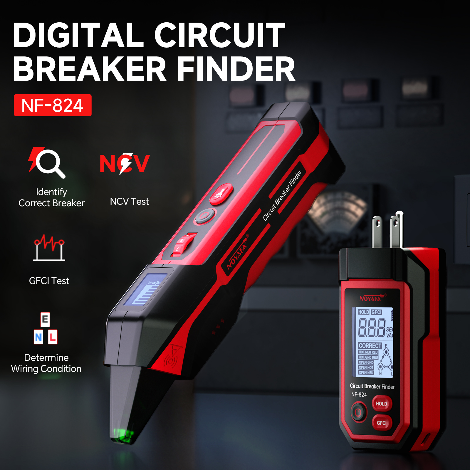 NOYAFA NF-824 Digital Circuit Breaker Finder &amp; GFCI Outlet Tester - Voltage Tester With Non Contact Voltage Detection