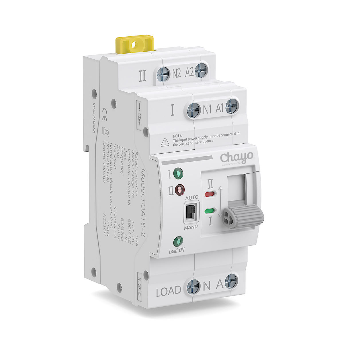 Chayo 2P 63A Automatic Transfer Switching (ATS) 110VAC 220VAC Dual Power PC Type Switch with White Housing DIN-Rail Mounting