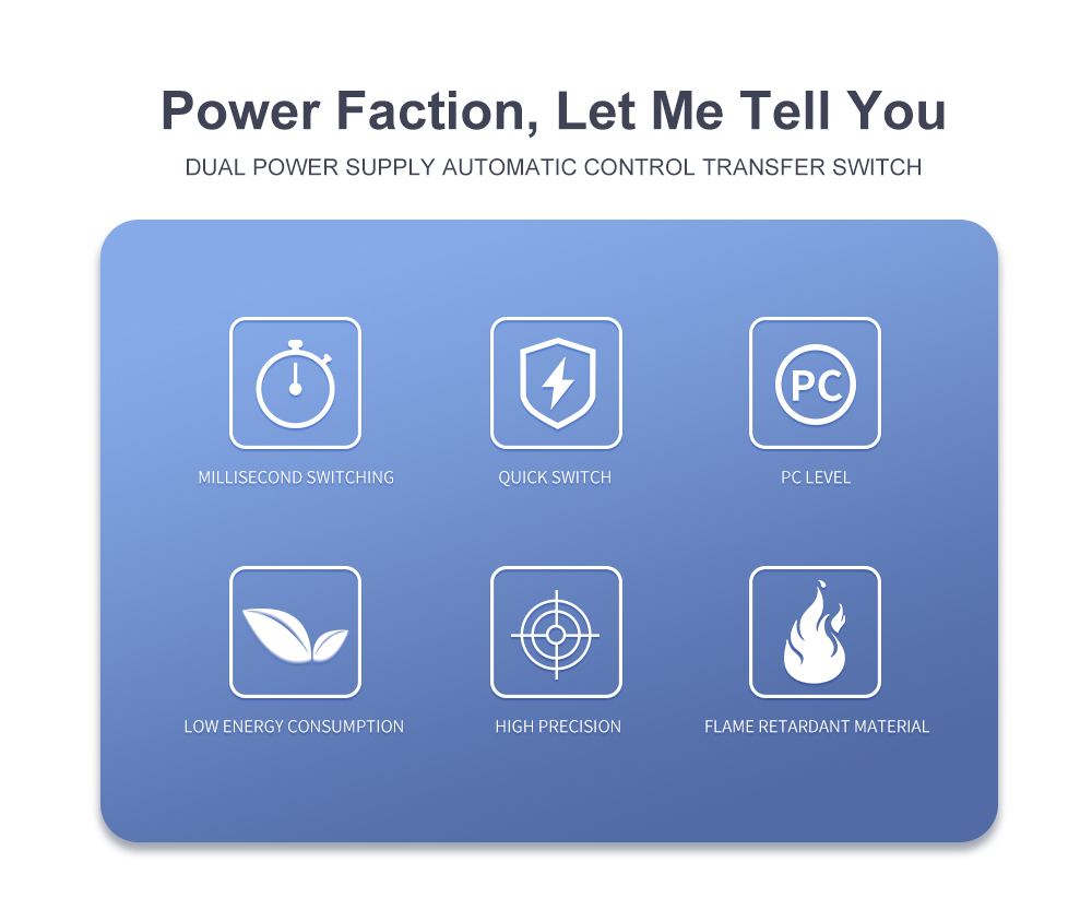 Single Phase Din Rail ATS for PV and Inverter Dual Power Automatic Transfer Selector Switches Uninterrupted 2P 63A 100A 125A