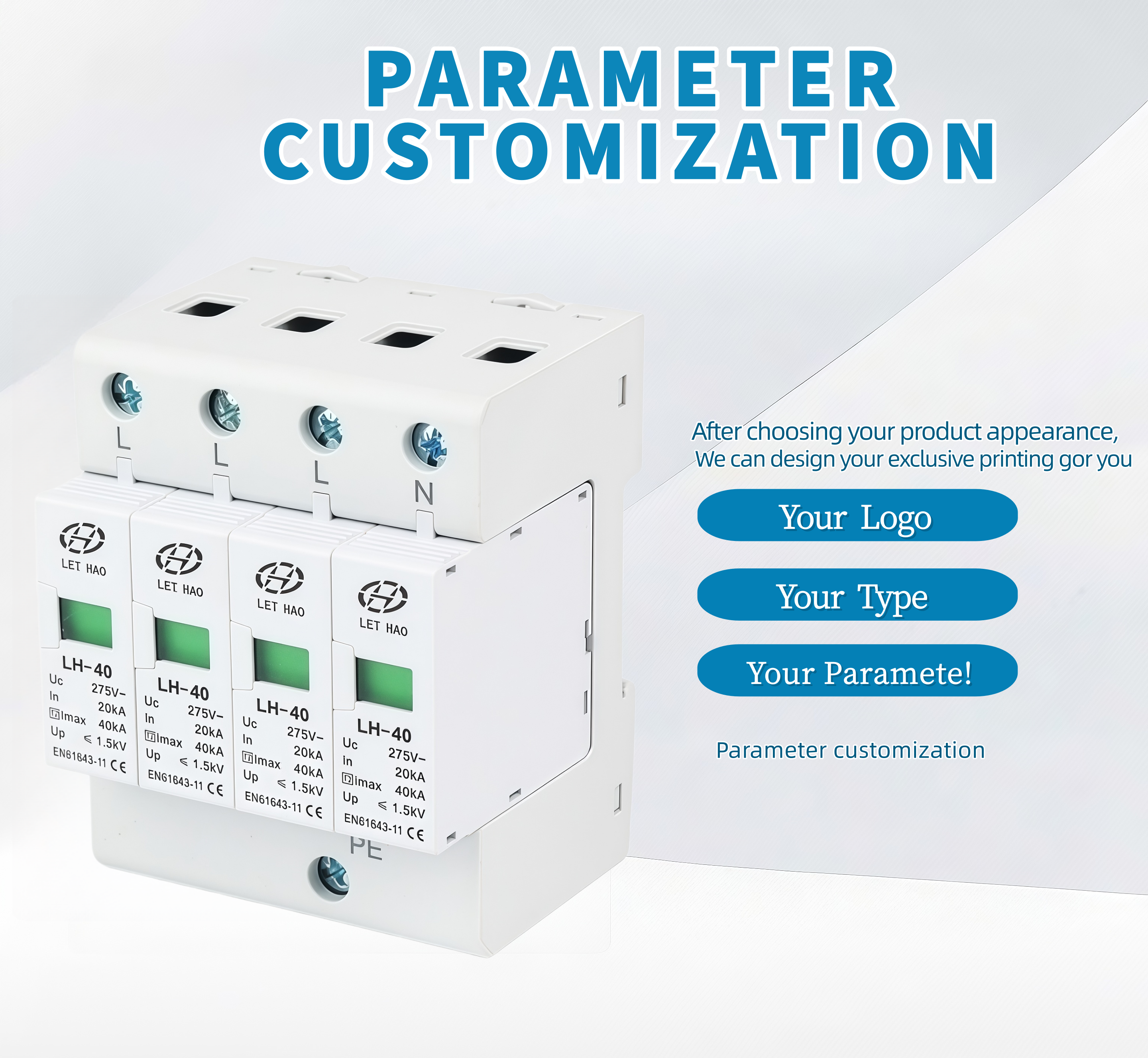 LEIHAO Factory Price DC SPD Surge Protector T1/T2 4P AC 275V 40KA CE Certified EN Standard Lightning Arrester