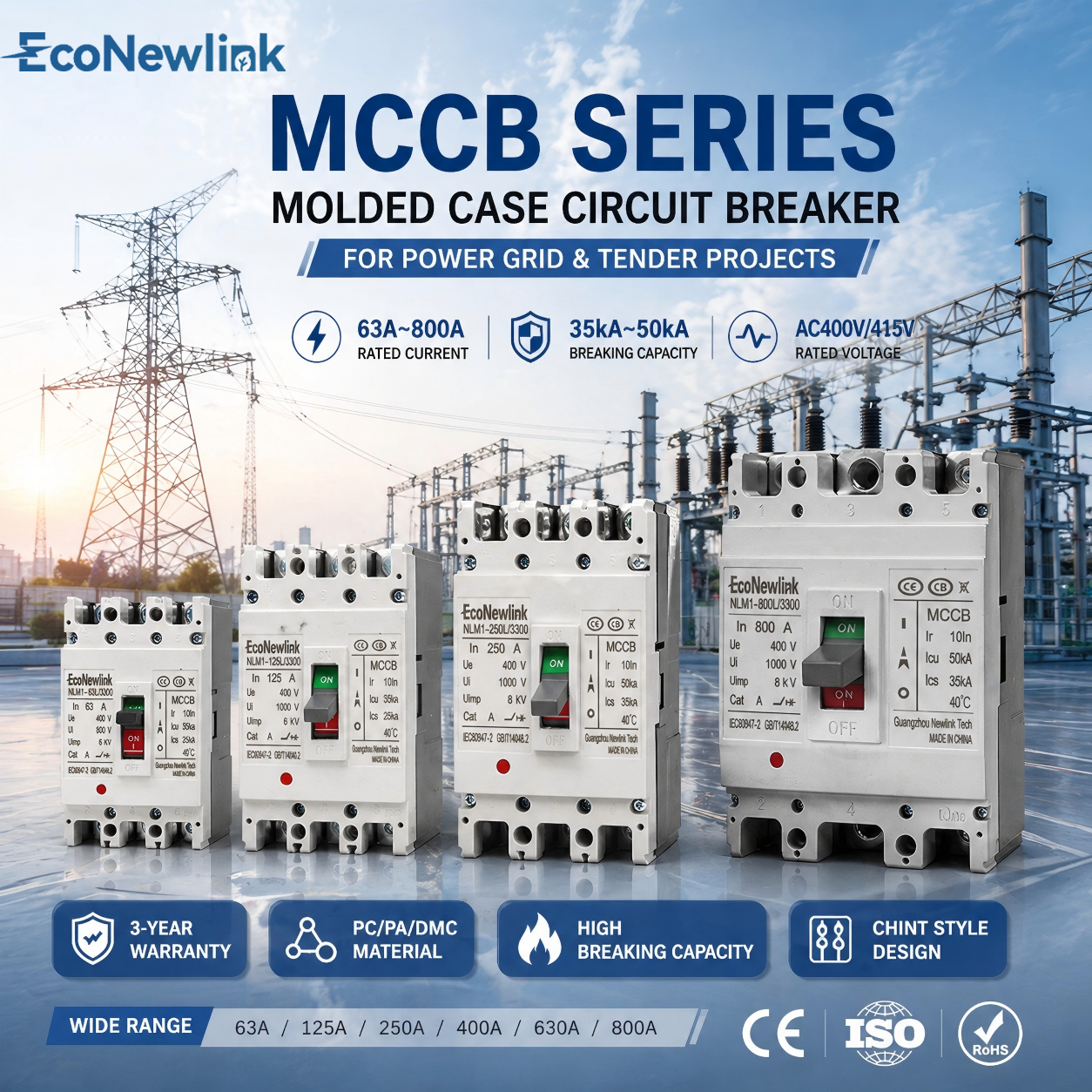 GRS Certified Sustainable Material MCCB 3P 630A Icu 50kA AC400V Power LV Distribution Breaker For European Panel &amp; Grid Systems
