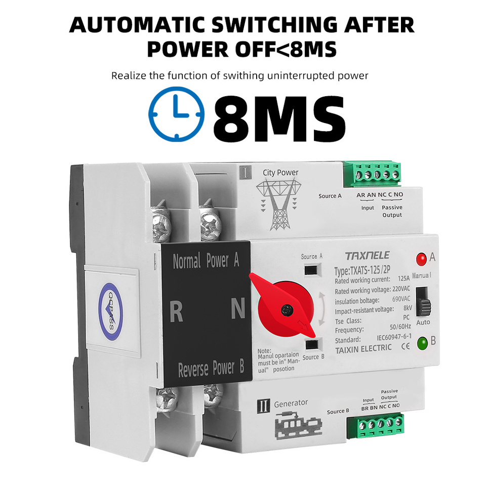 Din Rail Dual Power Automatic Transfer Switch Selector Switches 2P 3P 4P ATS Uninterrupted Power Generator 63A 100A 125A PC Type