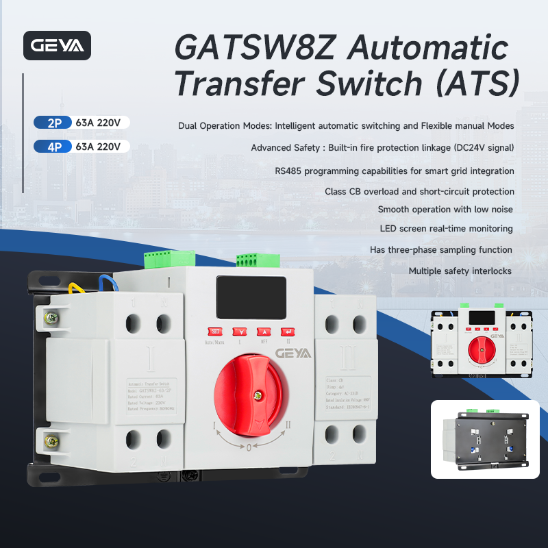 GEYA GATS-W8Z Small Size 220V 2P 3P 4P Changeover Switch ATS 10-63A Intelligent Display Dual Power Automatic Transfer Switch