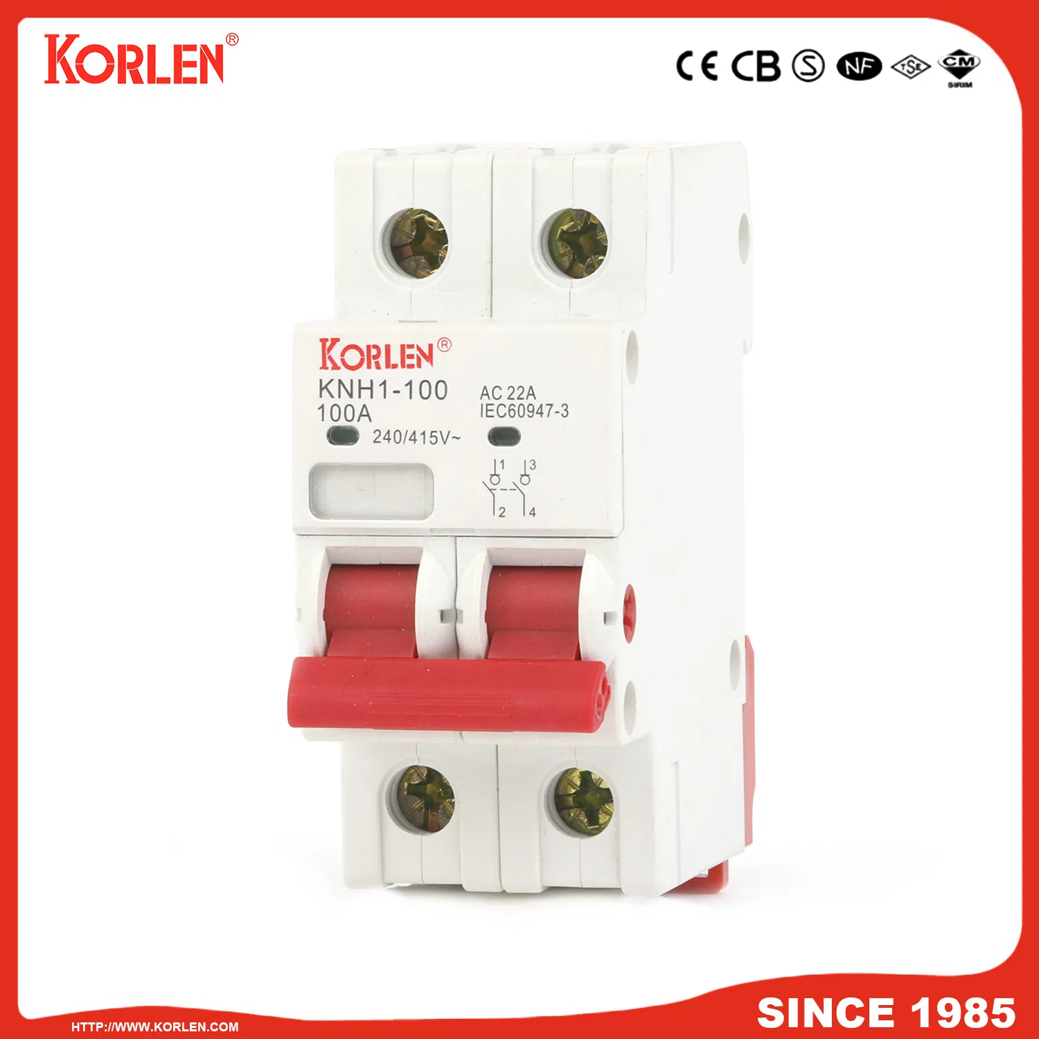 DIN Rail Isolator Switch Korlen Knh1 CE 80A 2p