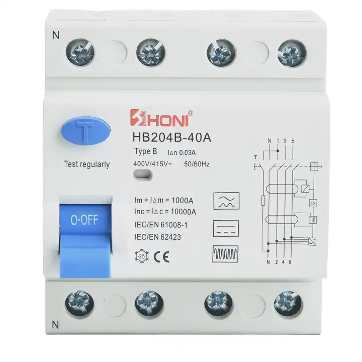 HB204B-40A Type B RCCB 4P 40A 10ma 30ma 100ma 300ma Residual Current Circuit Breaker