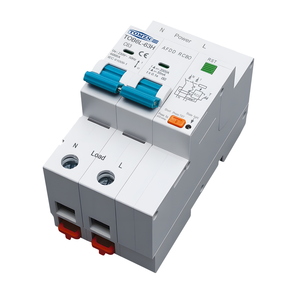 TOMZN Arc Fault Detection Device Residual Current Circuit Breaker with Overcurrent Protection 2P AC230V 10-63A AFDD RCBO 6000A