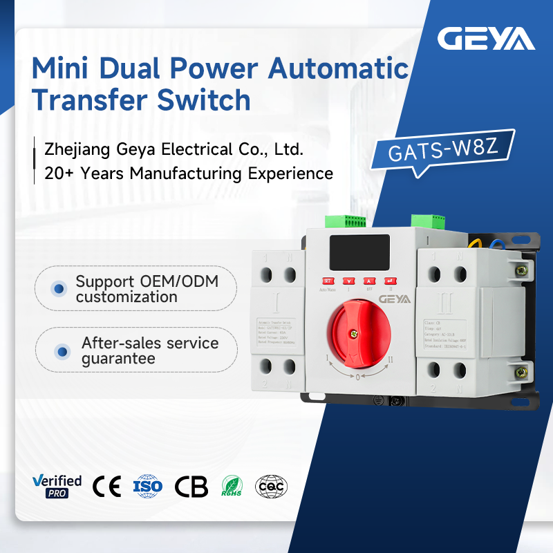 GEYA GATS-W8Z Small Size 220V 2P 3P 4P Changeover Switch ATS 10-63A Intelligent Display Dual Power Automatic Transfer Switch