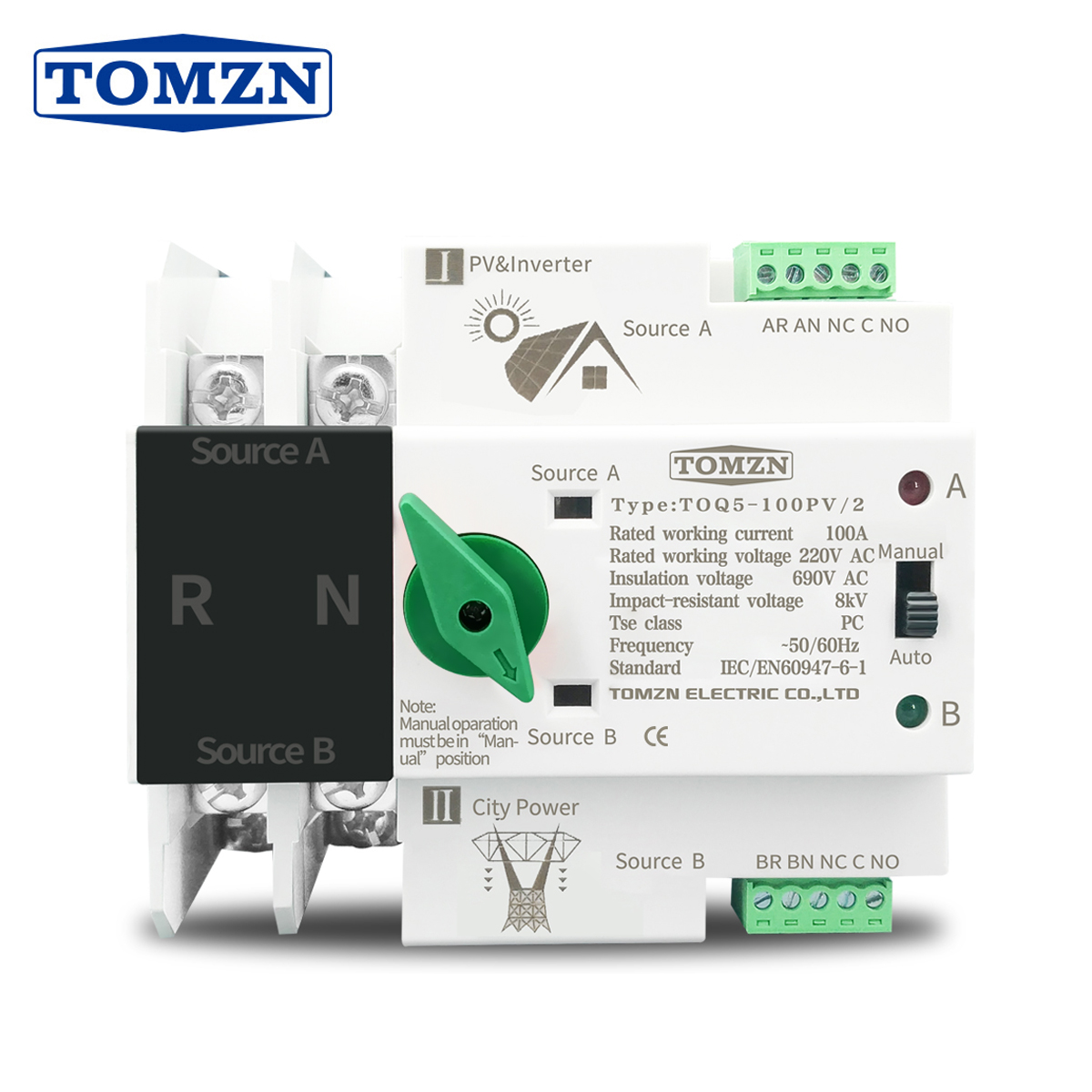 Single Phase Din Rail ATS for PV and Inverter Dual Power Automatic Transfer Selector Switches Uninterrupted 2P 63A 100A 125A