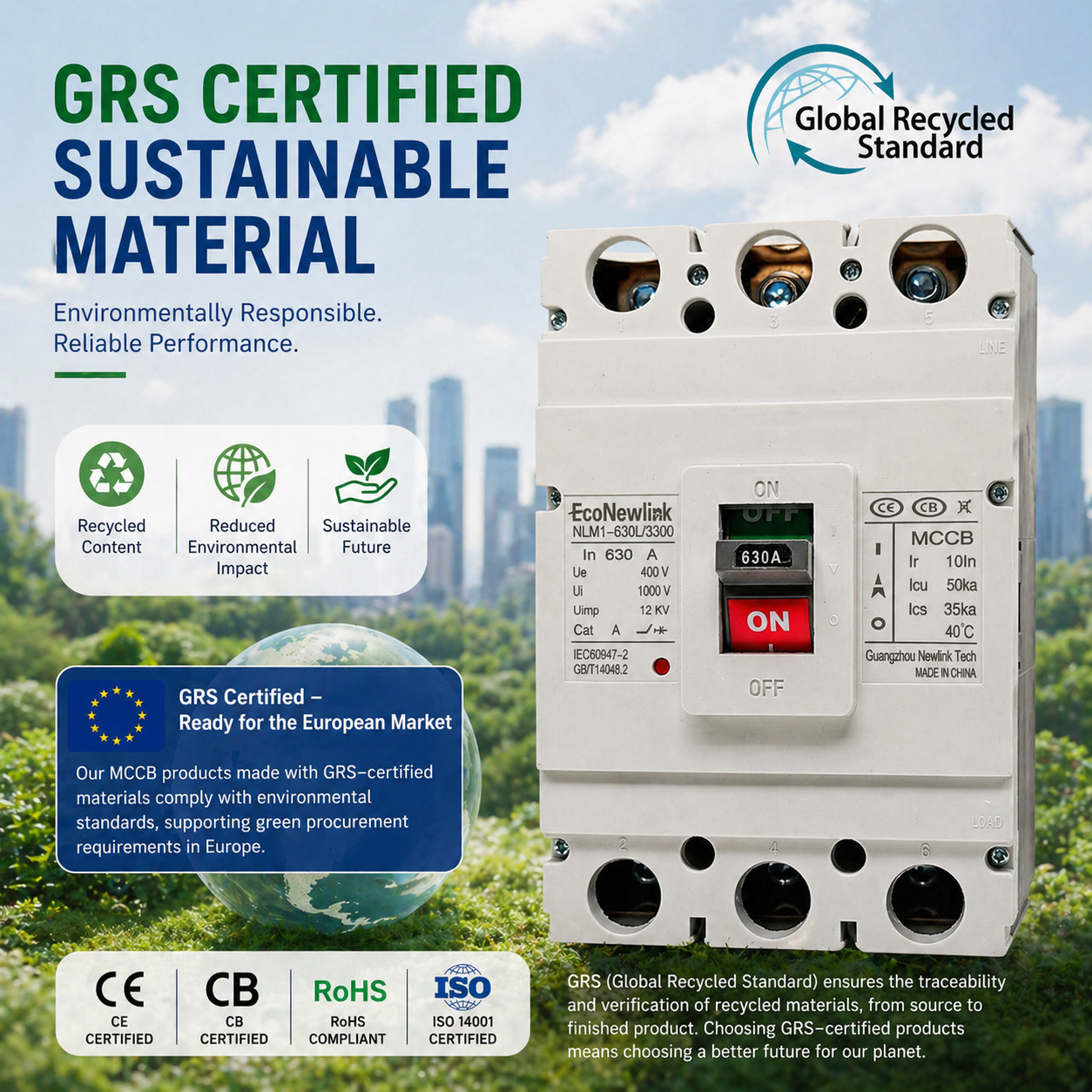 GRS Certified Sustainable Material MCCB 3P 630A Icu 50kA AC400V Power LV Distribution Breaker For European Panel &amp; Grid Systems
