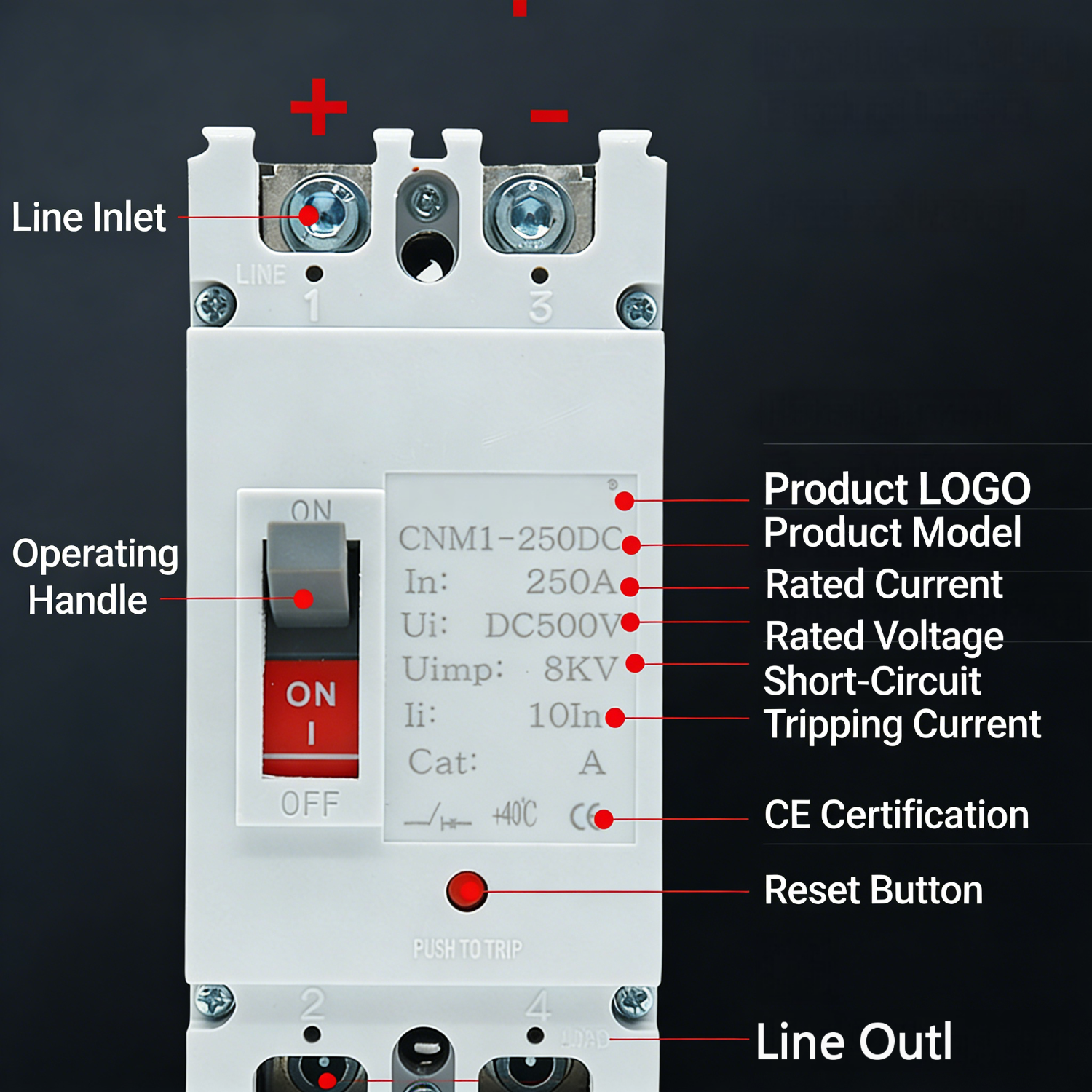 DC MCCB 16A-250A 2P/3P 500V-1500V Molded Case Circuit Breaker for Battery Module Energy Storage CE Factory Direct Wholesale