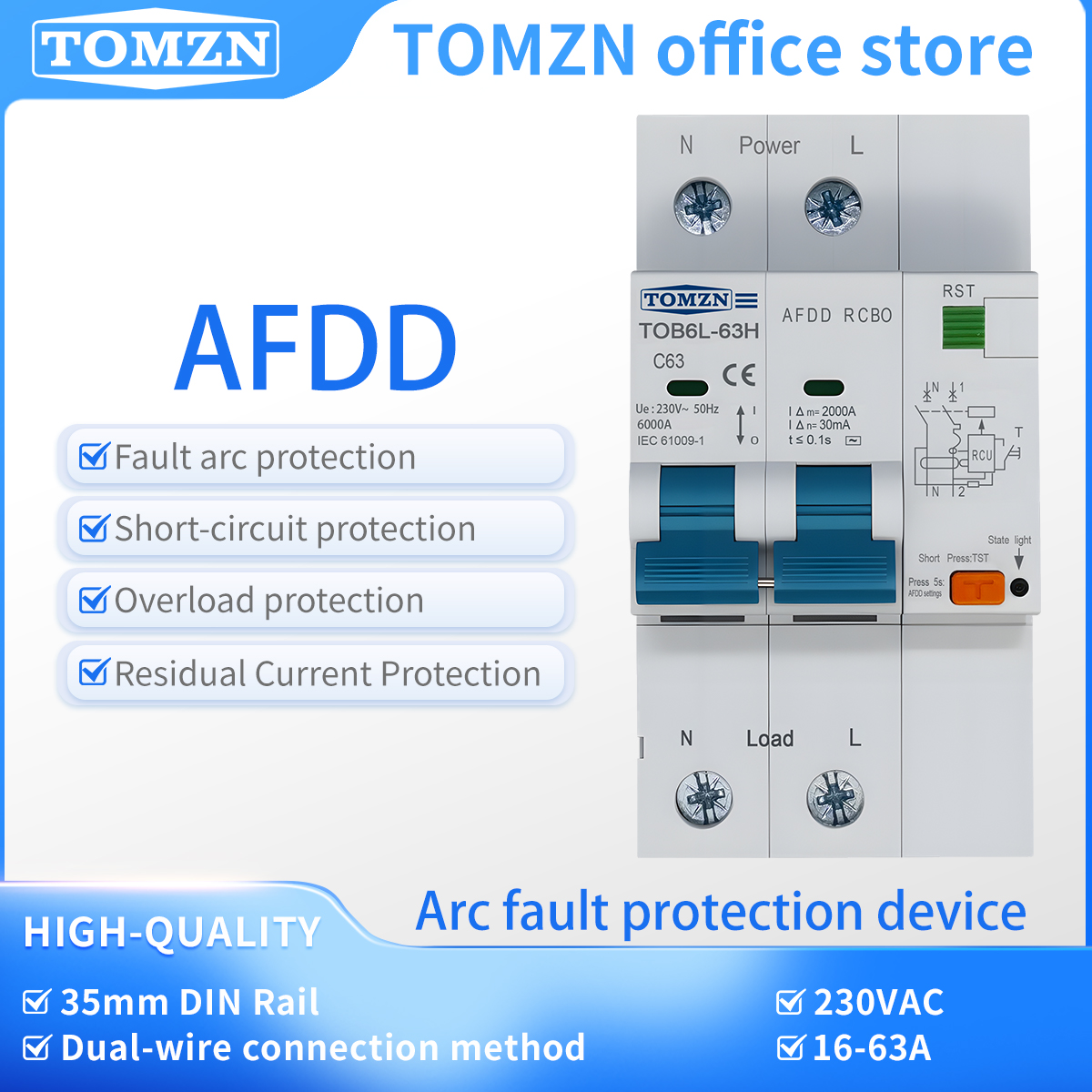 TOMZN Arc Fault Detection Device Residual Current Circuit Breaker with Overcurrent Protection 2P AC230V 10-63A AFDD RCBO 6000A