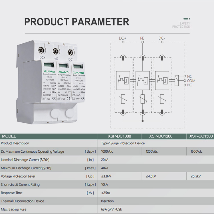 1000V DC SPD Surge Protective Device 2P 20kA-40KA T2 Type Solar PV Photovoltaic Lightning Arrester DC SPD Surge Protector