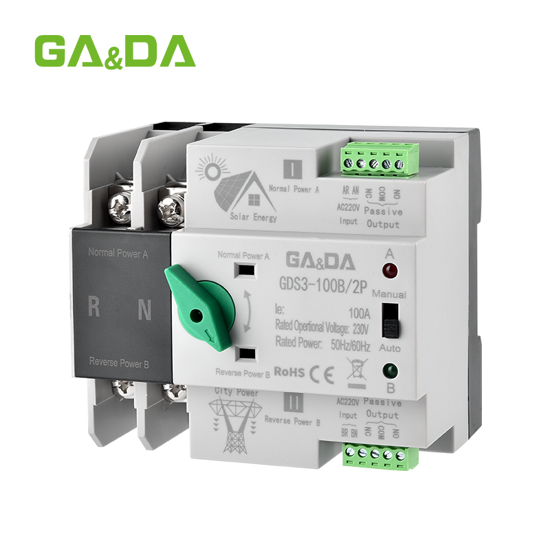 Dual Power Changeover Generator Automatic Transfer Switch Single Phase 2P 63A 100A PC Type for Solar Applications