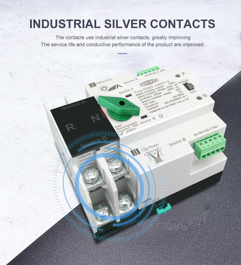 Single Phase Din Rail ATS for PV and Inverter Dual Power Automatic Transfer Selector Switches Uninterrupted 2P 63A 100A 125A
