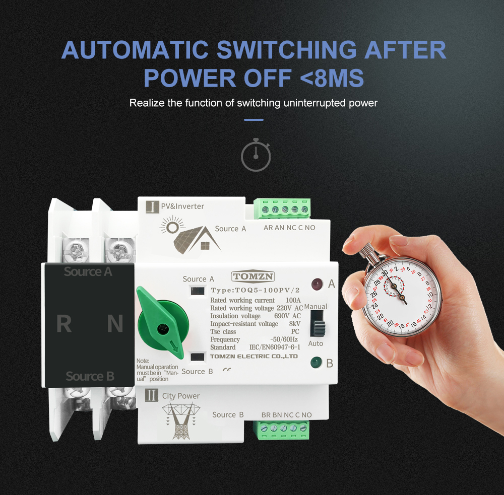 Single Phase Din Rail ATS for PV and Inverter Dual Power Automatic Transfer Selector Switches Uninterrupted 2P 63A 100A 125A