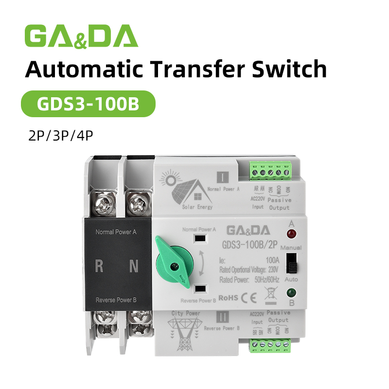 Dual Power Changeover Generator Automatic Transfer Switch Single Phase 2P 63A 100A PC Type for Solar Applications