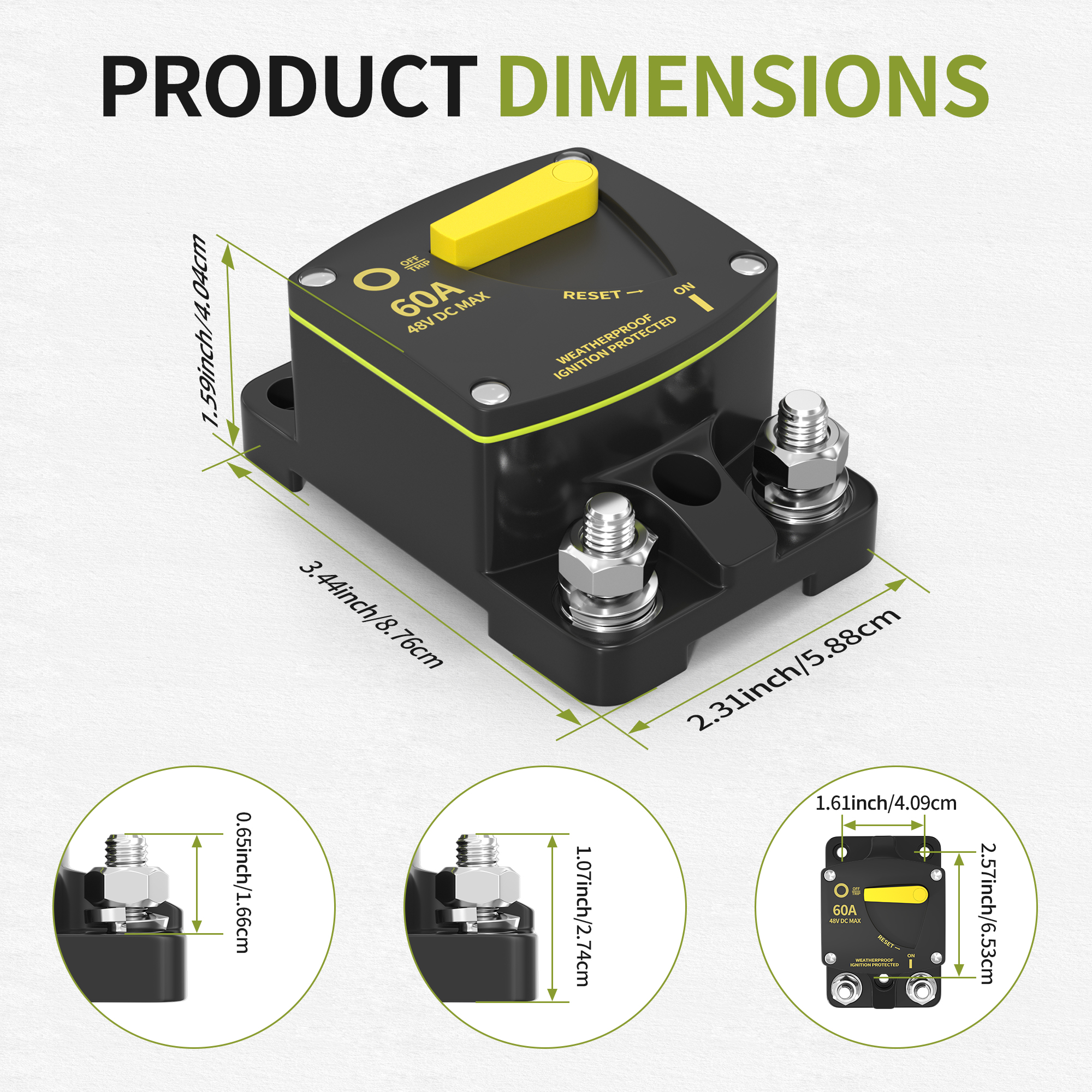 60A DC Circuit Breakers With Manual Reset Features M8 Stud Marine-Rated Designed Motor Circuit Breaker for 12V-48V Systems