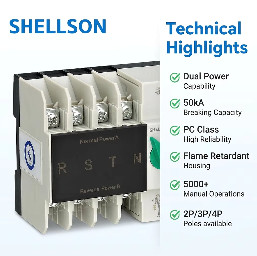 2P 16A 40A 63A 100A Automatic Transfer Switch Electrical Switches Dual Power Circuit Breakers