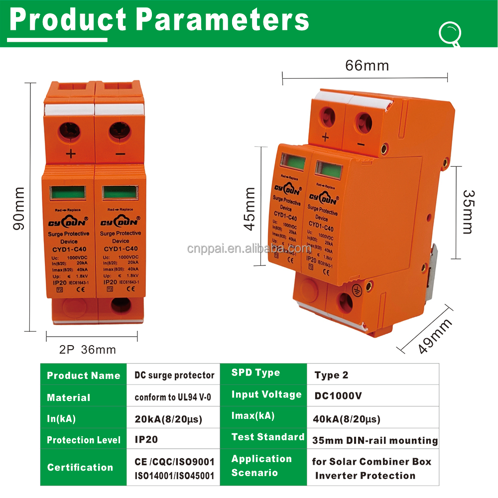 CYDUN Surge Protection Device CE Approved 2P DC 1000V PV Surge Protector Suppressors SPD 20-40kA DC 400V Thunder Protect