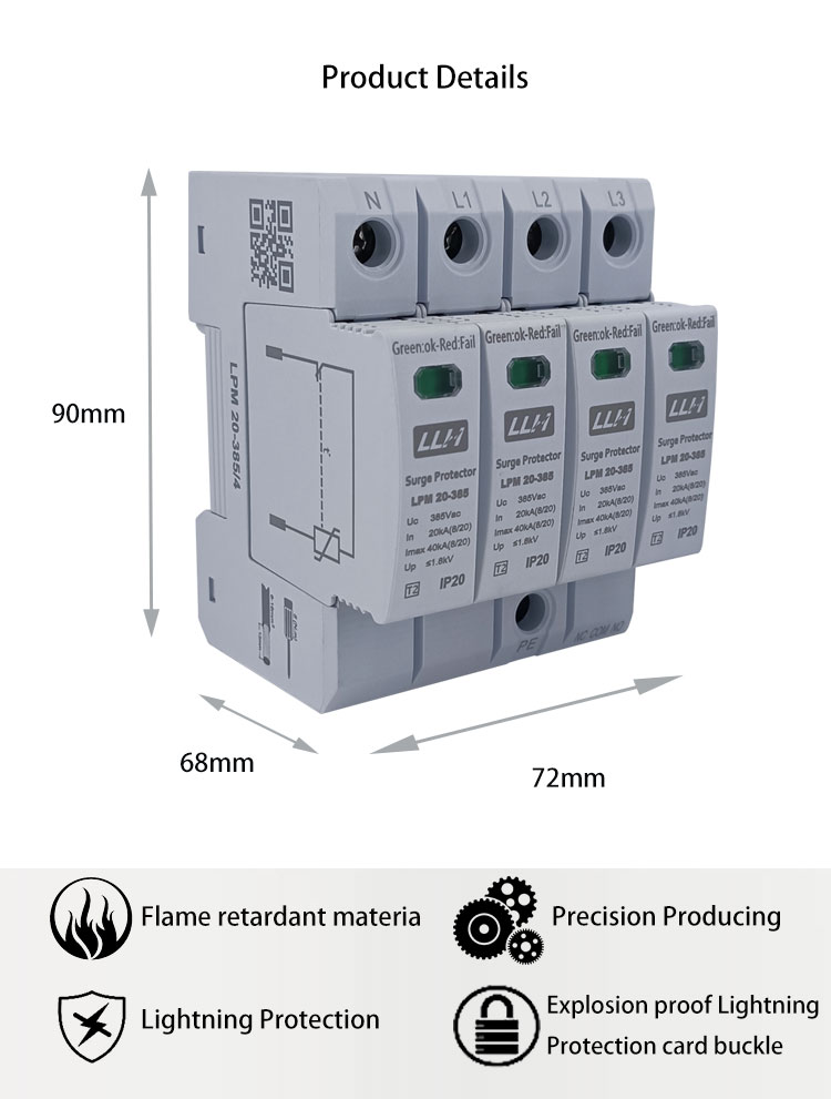 4P 275V 320V 385V 440V 20KA 40KA T2 Type AC SPD Pv Surge Arrestor Surge Protection Device IEC 61643-11 35mm Din Rail Mounted