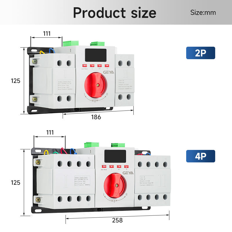 GEYA GATS-W8Z Small Size 220V 2P 3P 4P Changeover Switch ATS 10-63A Intelligent Display Dual Power Automatic Transfer Switch
