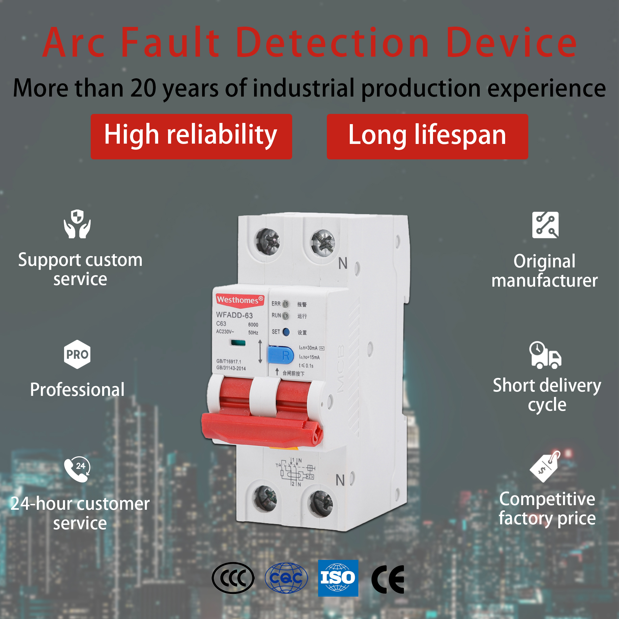 WAFDD-63 1P+N AFDD Arc Fault Detection Device C63 RCBO Residual Current Circuit Breaker Overcurrent Arc Protection MCB