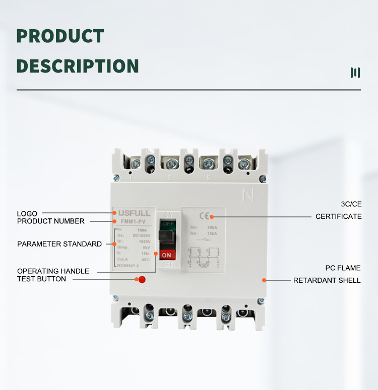 USFULL DC MCCB Molded Case Circuit Breaker 125A 200A 250A 2P 4P 500V 1000V For Solar Photovoltaic System